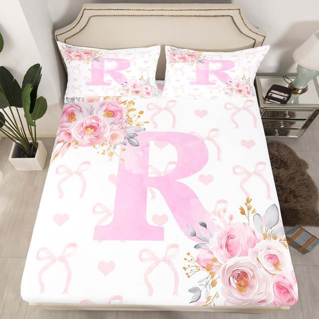 Erosebridal Ensemble de Draps-Housses Roses pour Filles, Drap-Housse avec Initiale R, Décor de Dessin Animé 2 Pcs