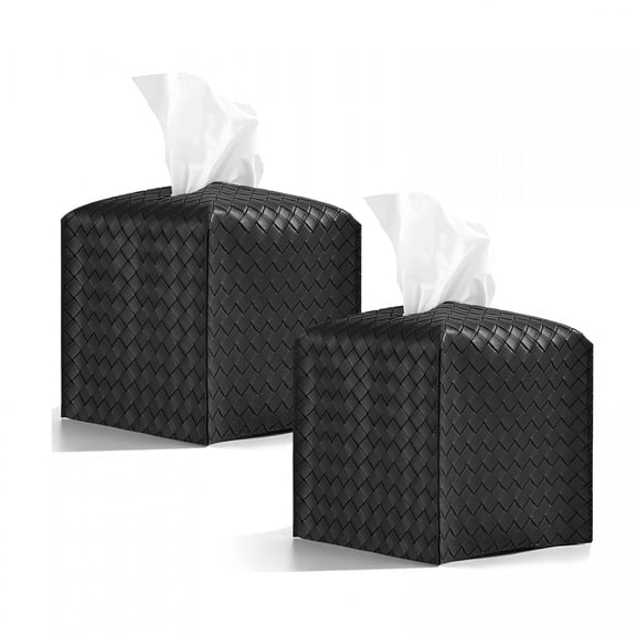 XIBUFE 2 Pack Tissue Box Holder,Tissue Box Cover Square,PU Leather Tissues Cube Box Cover,Decorative Woven Facial Tissue Holder for Table and Bathroom (Black Square)