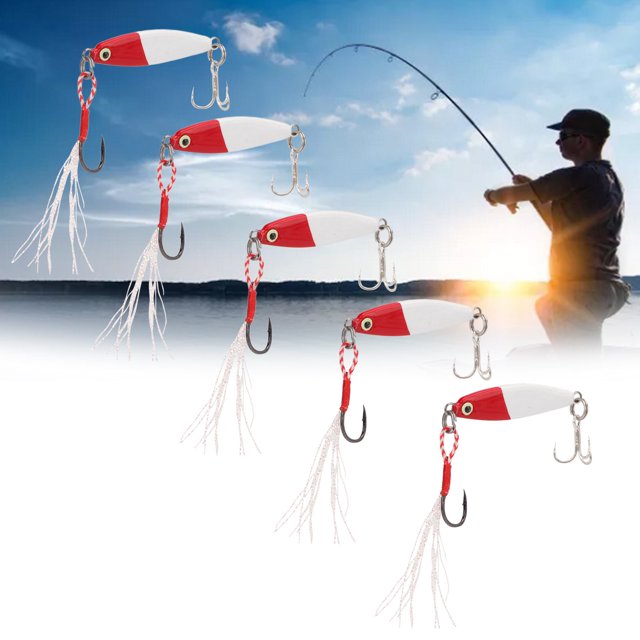 Simulation Leurre Appât, Appât de Pêche de Conception Lente pour Double Crochet d'Eau Salée Rouge et Blanc, Or et Bleu