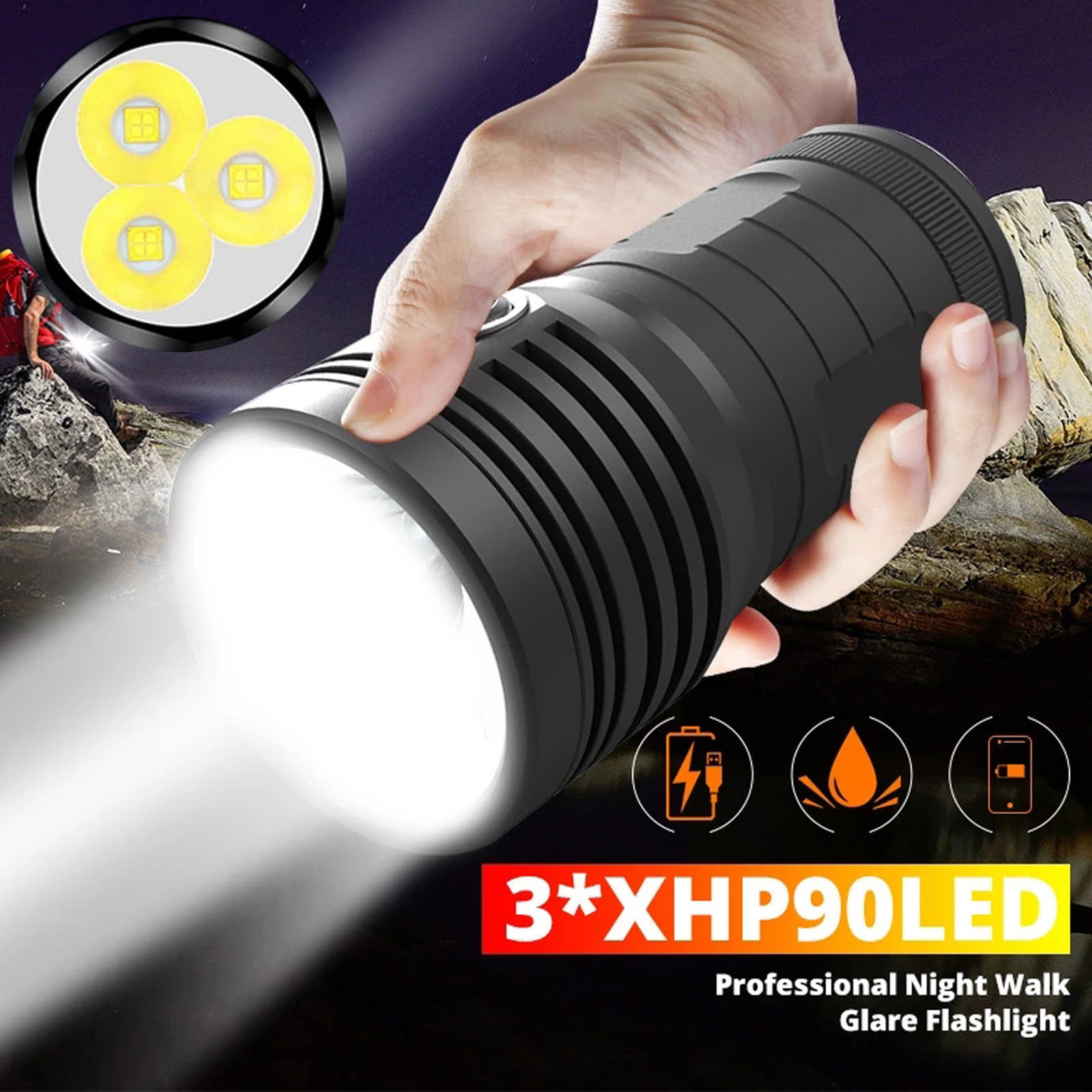 Sunhillsgrace Flashlight 3*XHP90 LED Flashlight Tactial Super Bright Recharge Torch - Walmart.com