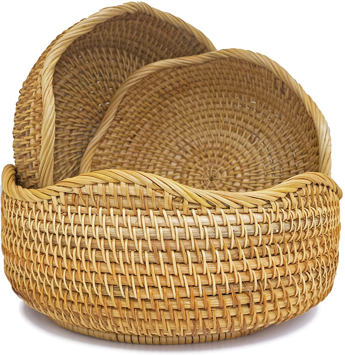 Round Bread Baskets for Kitchen Counter Rattan Fruit And Vegetable Storage Trays Set 2 Woven Serving Potatoes Onions Key Basket Holder Organizing Bathroom Toys Craft Wall Decor Art Woman Honey Brown 
