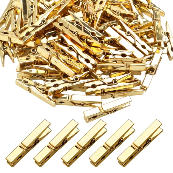 Mini Clips de Plástico, 100 Piezas, Clips para Fotos Utilitarios, Pinzas de Papel, Clips para Tendedero - 3,5 x 0,5 x 0,7 cm, Dorado