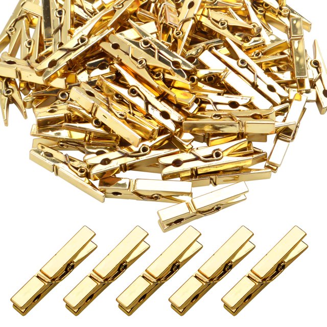 Mini Clips de Plástico, 100 Piezas, Clips para Fotos Utilitarios, Pinzas de Papel, Clips para Tendedero - 3,5 x 0,5 x 0,7 cm, Dorado