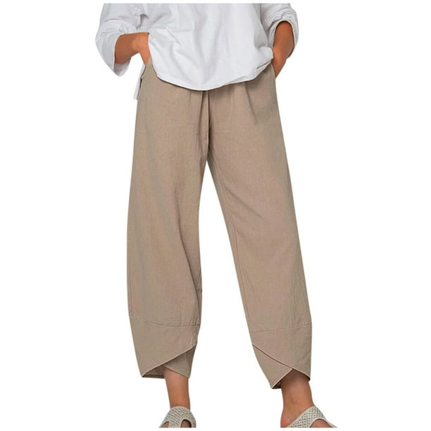 Women's Casual Summer Capri Pants Cotton Linen Elastic Waist