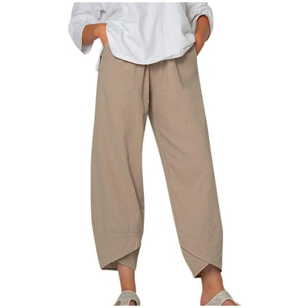 

Womens Capri Pants for Summer Beach Casual Solid Comfy Elastic Waist Cotton Palazzo Pajama Cropped Harem Pants Trouser