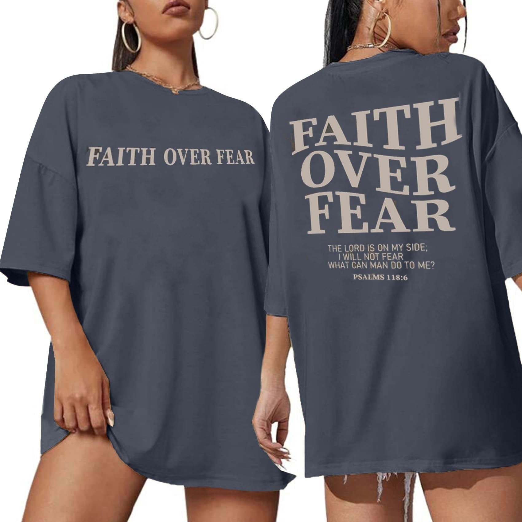 MOUSYA Women's Faith Over Fear Oversized T-Shirt, Blue