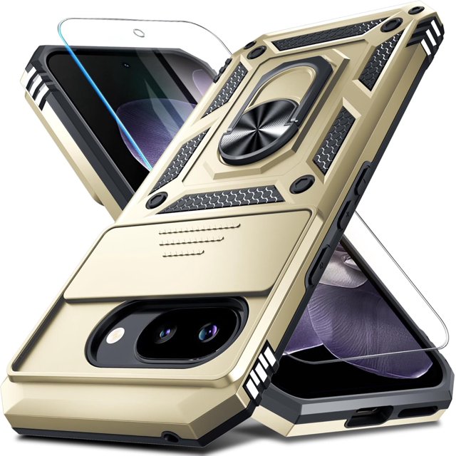KOMI Case Compatible with Google Pixel 9A Built in Slide Camera Lens Cover+Screen Protector+Finger Ring Holder Kickstand,Heavy Duty Shockproof Full Body Protective Phone Cover, Gold