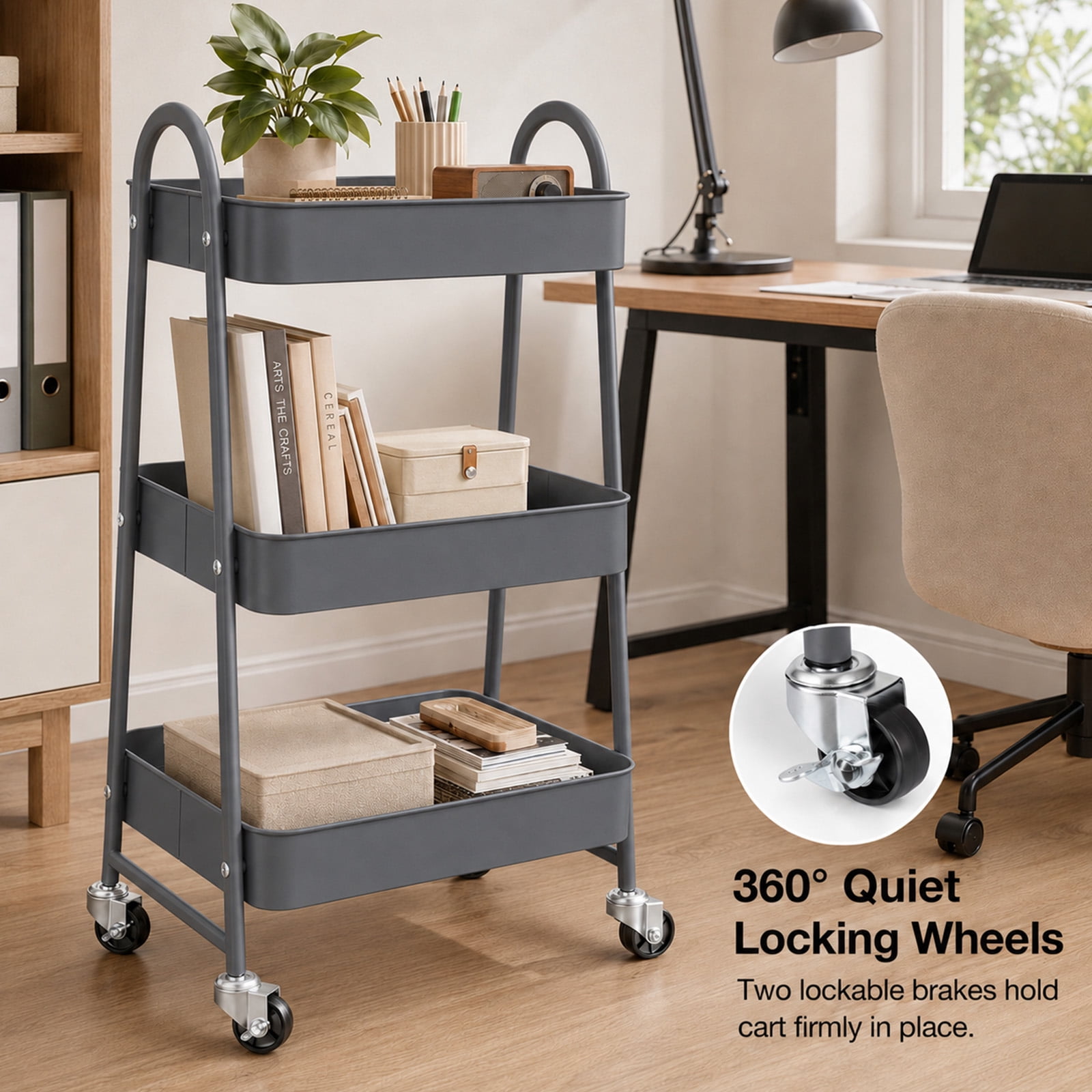 Alvantor 3-Tier Rolling Cart, Metal Rolling Utility Cart with Lockable Wheels, Multi-Functional Heavy Duty Storage Cart Organizer for Bathroom, Kitchen, Living Room, Office