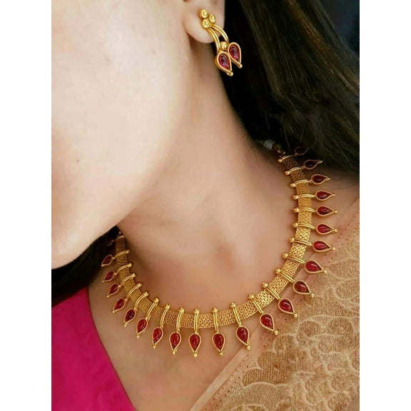 Gold Plated Red Teardrop Necklace Set – Antique Finish Traditional Indian Jewelry with Earrings