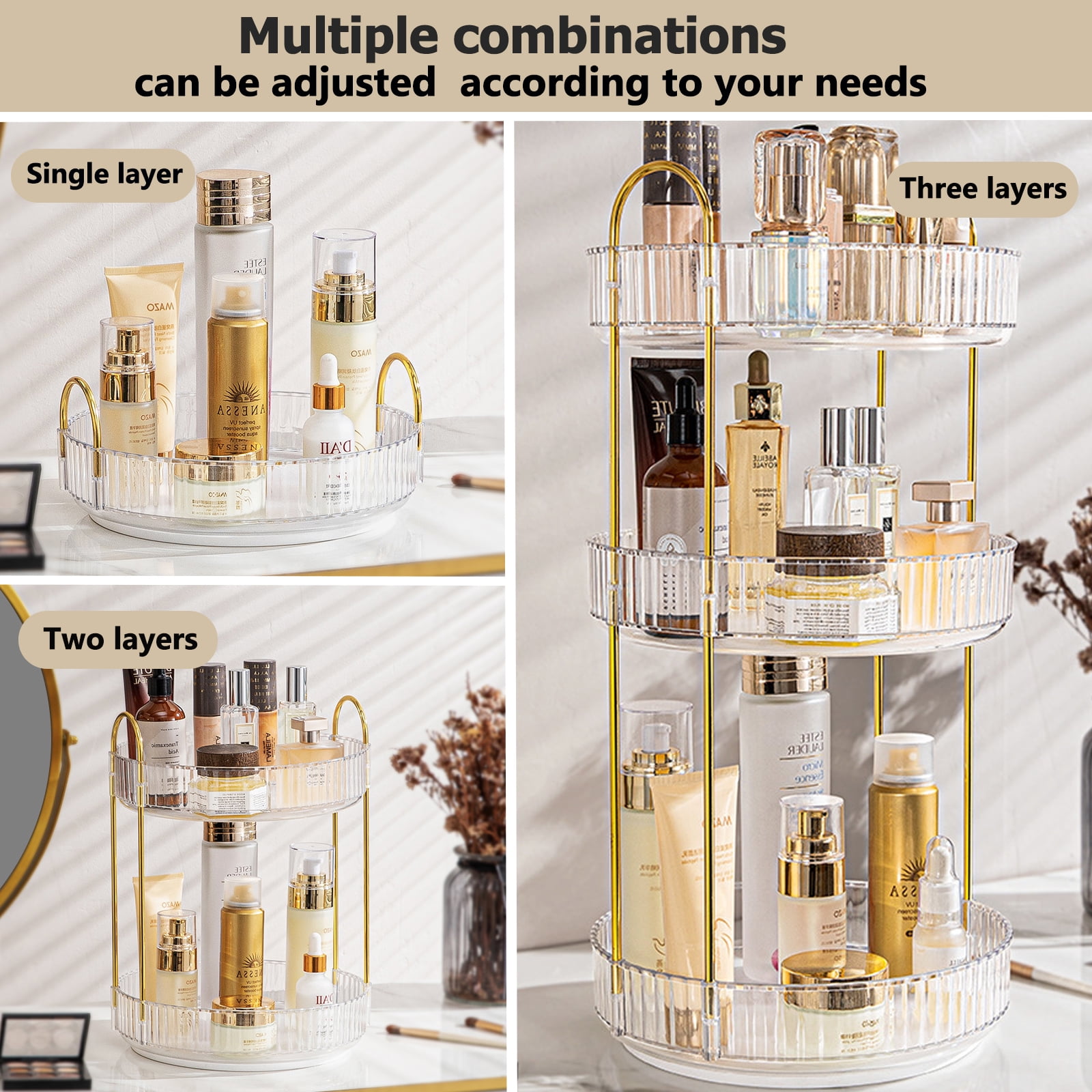 Kisportee 360° Rotating Makeup Organizer for Vanity, 3 Tier Large Skincare Make Up Storage Perfume Organizers for Bathroom Counter, Clear Cosmetic Dresser Lipstick Spinning Holder