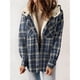 thumbnail image 4 of Chaqueta de Cuadros para Mujer, Larga, Botones, Capucha de Forro , Abrigo Cálido A Cuadros Azules L, 4 of 7