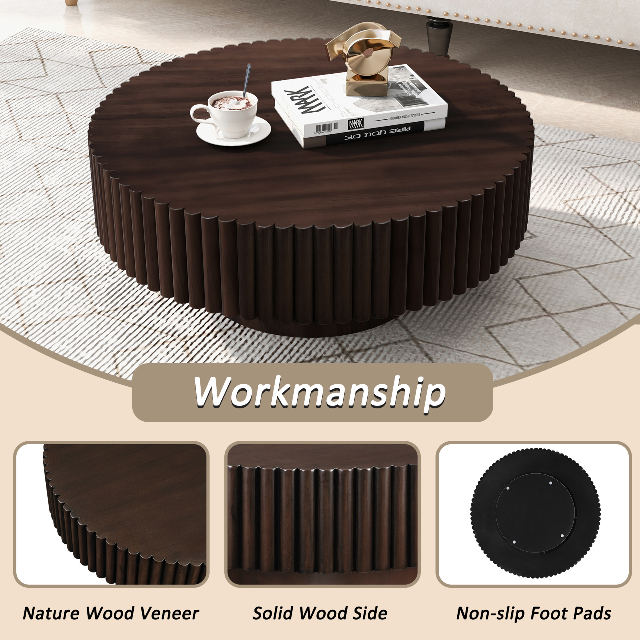Noble House 31.5" Round Fluted Drum Coffee Table, Solid Wood Modern Center Table for Living Room, Espresso