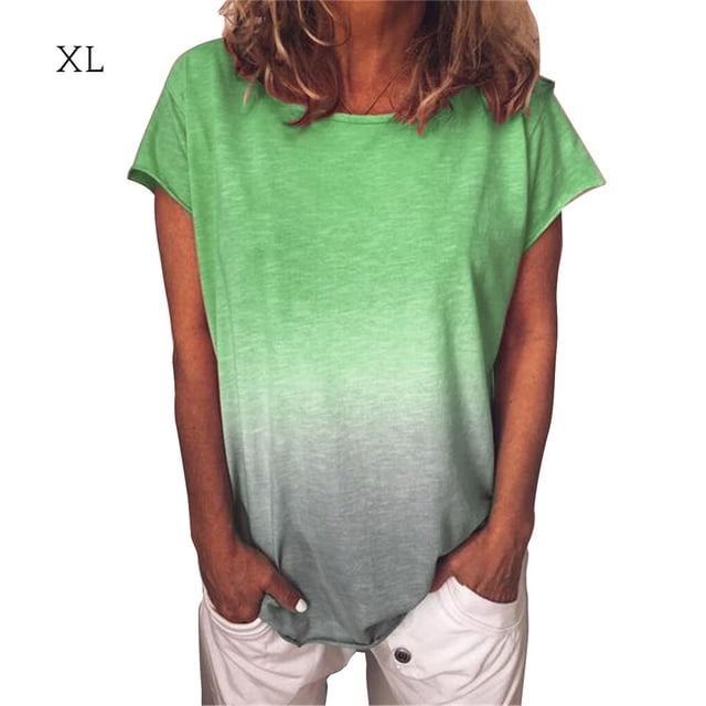 T-Shirt Femme Manches Courtes Col Rond Haut Manches Courtes Dégradé Décontracté T-Shirt, Vert, TG