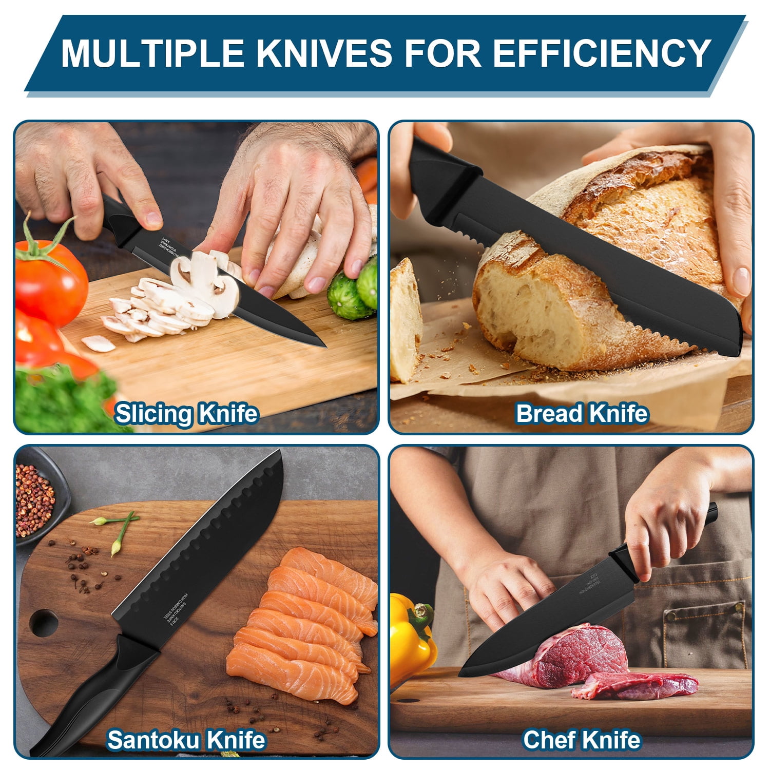 Walchoice 15 Pieces Knife Set with Block, High Carbon Stainless Steel Kitchen Knife Set with Sharpener, Rust Resistant & Dishwasher Safe - Black