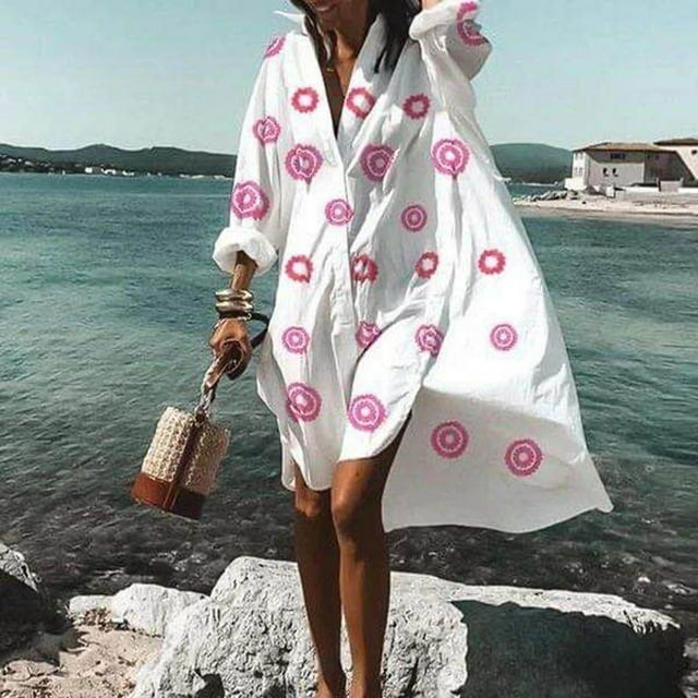Pisexur Robe à Manches Longues à Col en V Longueur Cheville Mode Femmes Col en V Manches Longues Chemise Imprimée Irrégulière Longue Robe Blouse pour Femmes