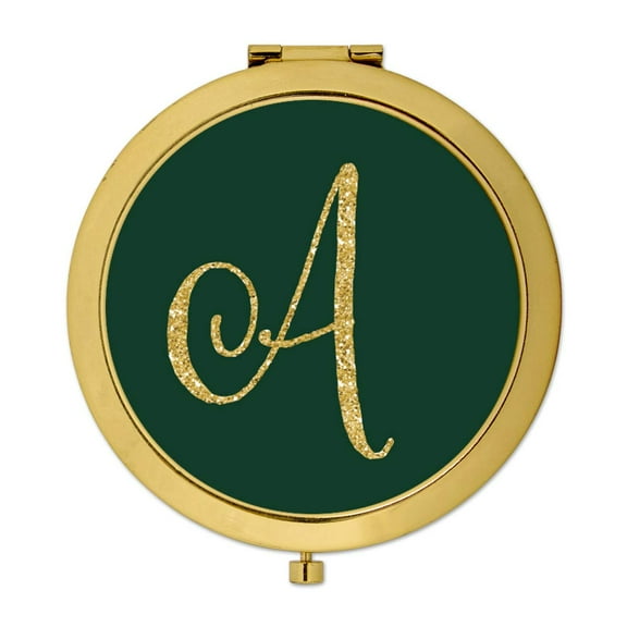 Koyal Wholesale Gold Compact Mirror Bridesmaid's Wedding Gift, Emerald Green, Monogram Letter A, 1-Pack