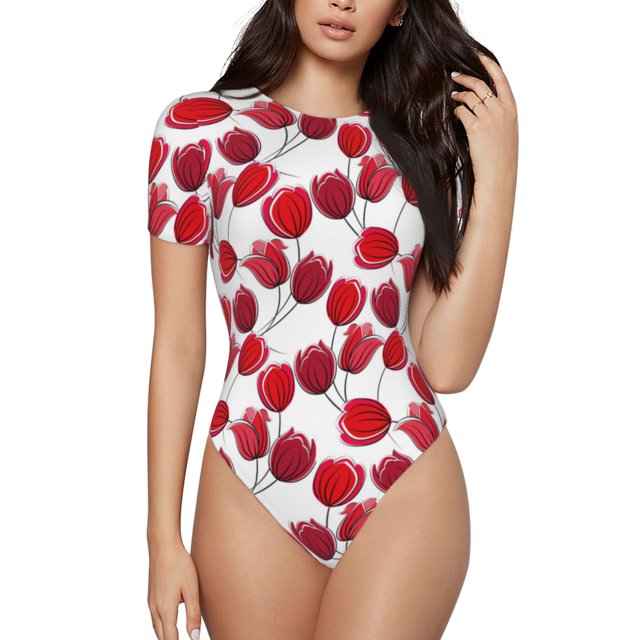 Fotbe Tulips Flowers Body de Mujer con Cuello Redondo y Mangas Cortas, Sin Mangas Ajustado, Suave, Cómodo y Básico-X-Large