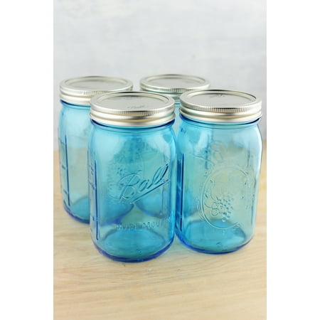 Mason Jars 4- 16 oz. Blue Wide Mouth Jars  Wide Mouth Blue Glass Quart Size Mason Jars /6.5in. Tall x  3.7in. Widelids Included