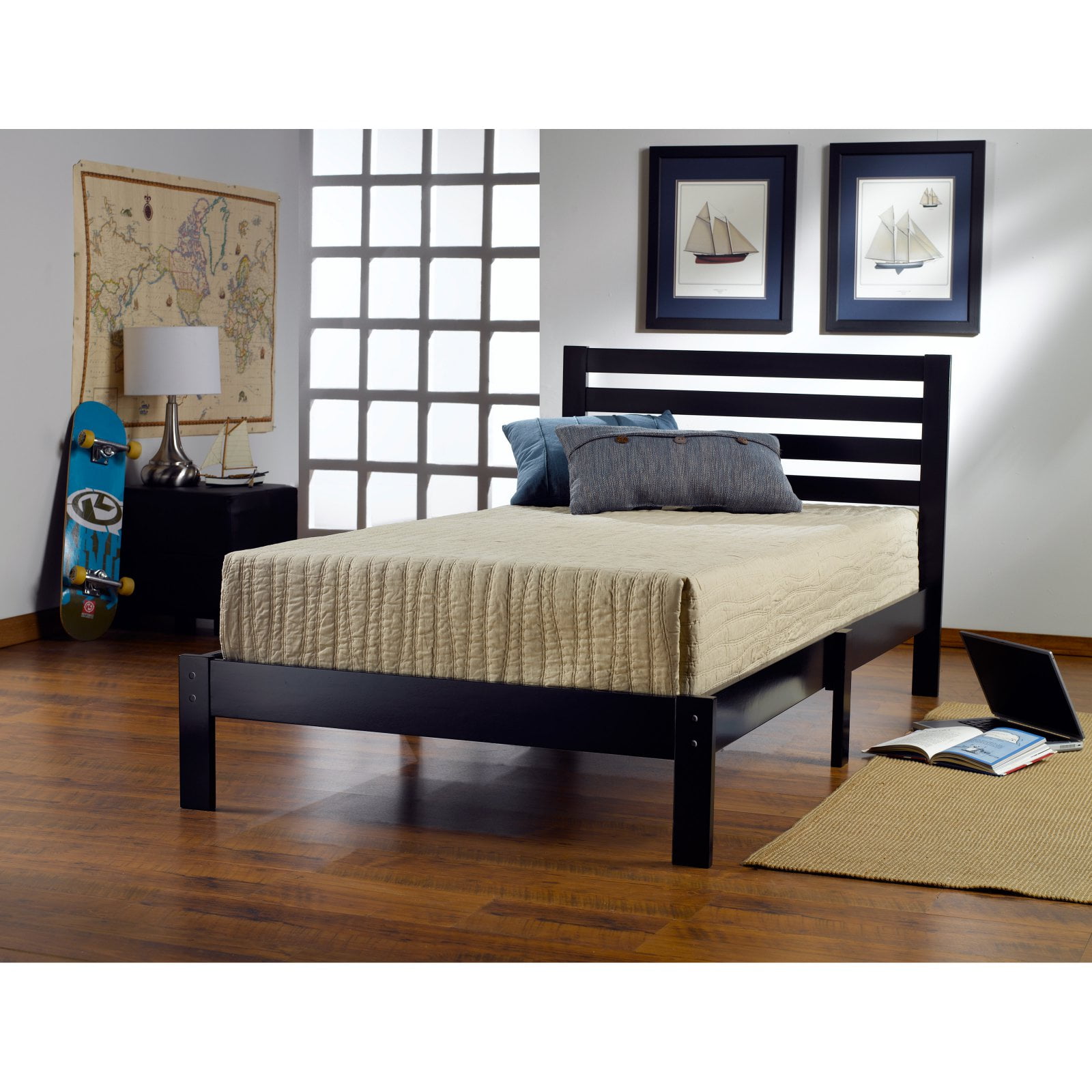 Aiden Wood Twin Bed with Headboard, Black