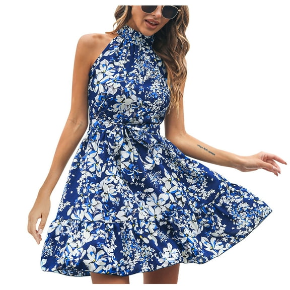 IROINNID A-Line Dress For Women Strapless Sleeveless Summer Sexy Casual Halter Floral Chiffon Dress Round Neckline Graphic Prints Dress