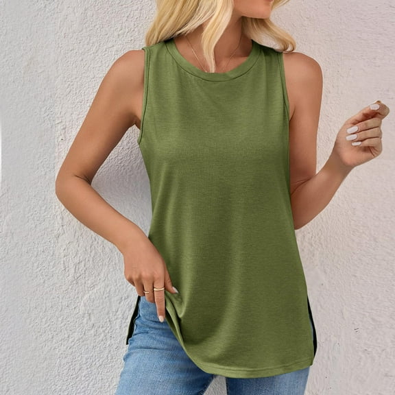 Tawop T Shirts for Women Womens Tee Shirts Round Neck Solid Loose Summer Sleeveless Tank Split Flowy Green L