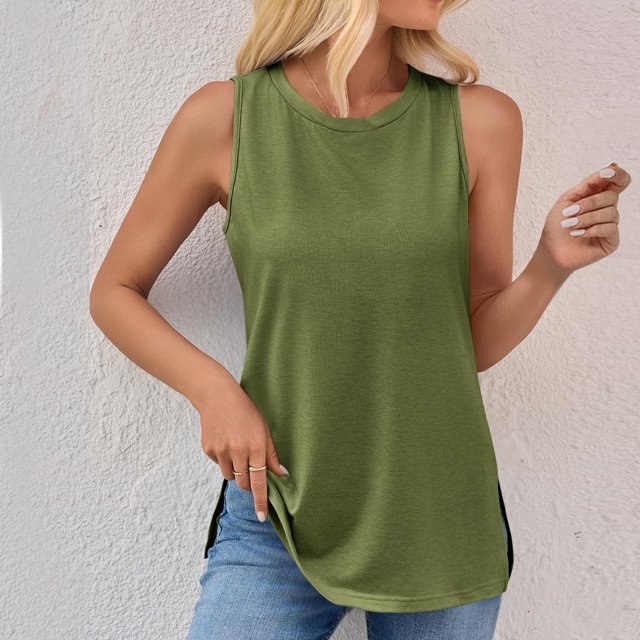 Tank Tops for Women Sleeveless Round-Neck Basic Tank Casual Flowy Summer T-Shirt Army Green S