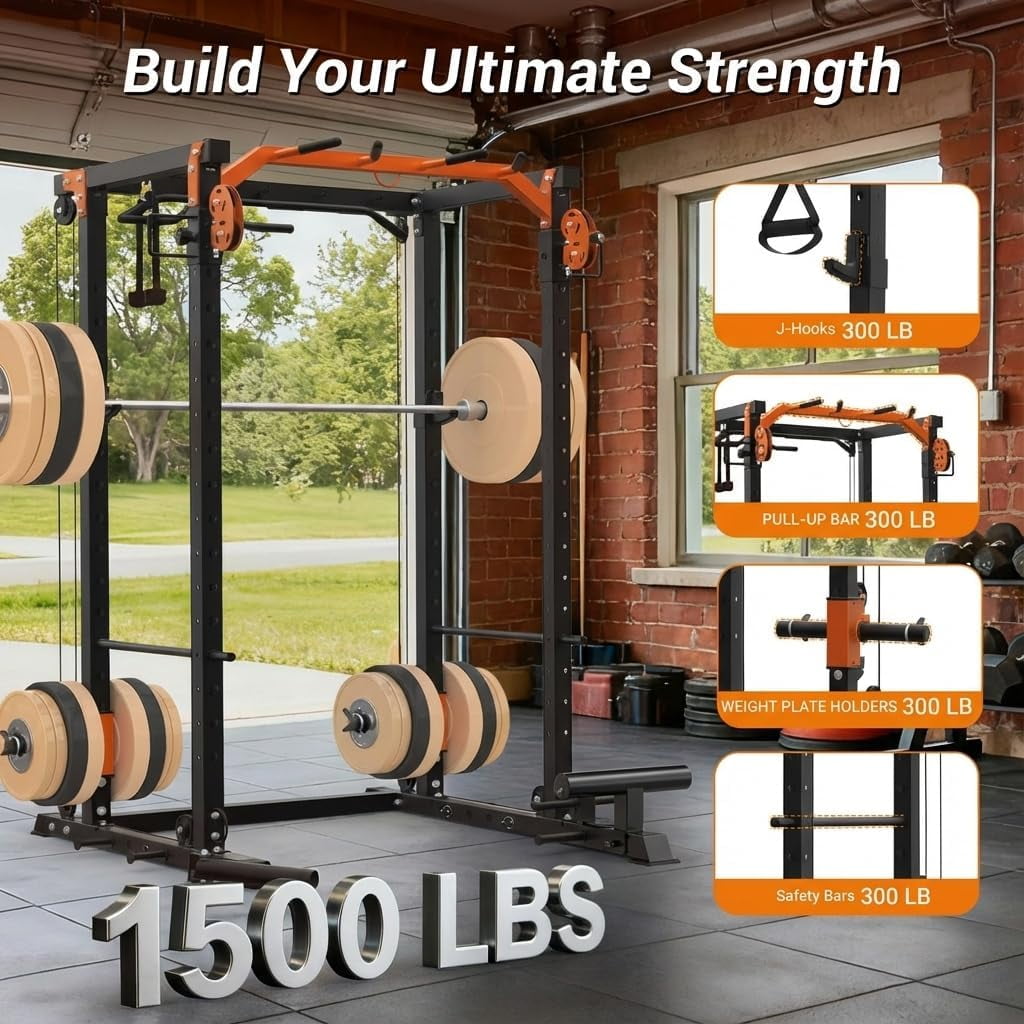 JoanKaren Power Rack Cage,2000lbs Capacity Weight Rack with Adjustable Cable Crossover Machine,Multi-Function Squat Rack with J Hooks,Dip Bars and Landmine,Balck&Orange