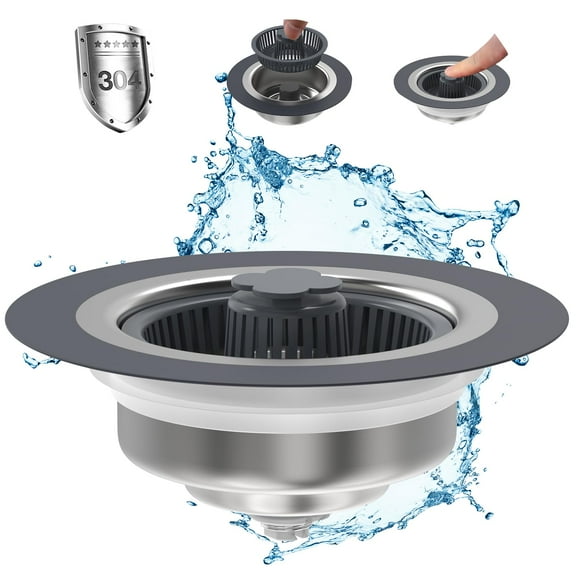 Upgraded 2 in 1 Kitchen Sink Drain Strainer & Stopper Kit, 304 Stainless Steel Pop-up Kitchen Sink Stopper with Strainer Basket, Fast Drainage Kitchen Sink Plug for Standard 3-1/2 Inch Drain, Silver