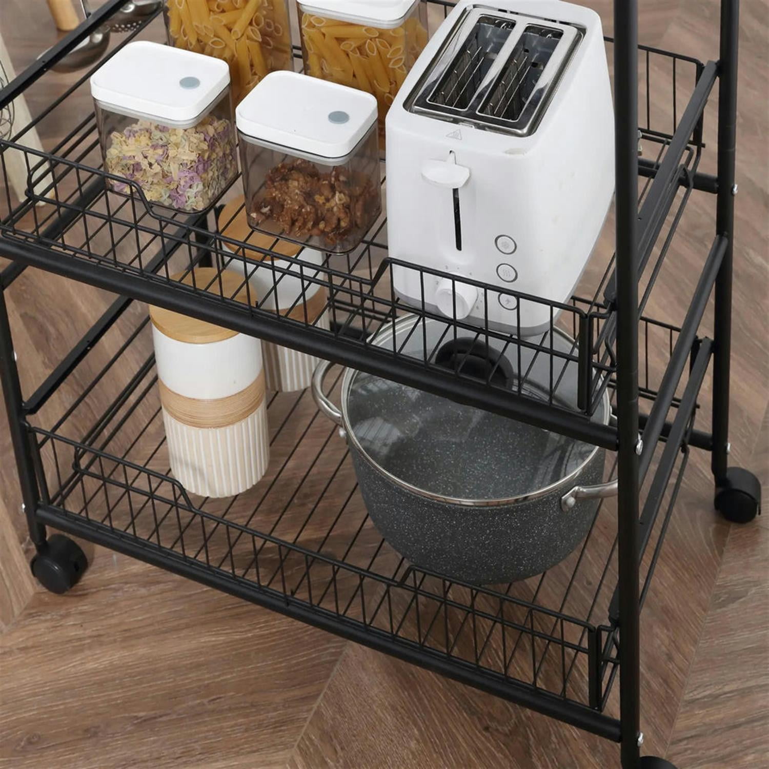 Demi Bonn 33" Kitchen Island Cart on Wheels with Storage, Rolling Dining Room Serving Utility Carts Mobile Movable with Fruit Basket and Side Hooks for Dining Room, Walnut