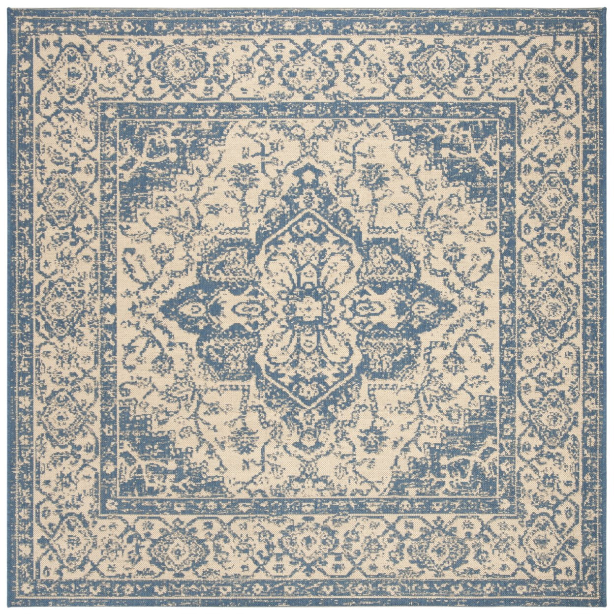 SAFAVIEH Beach House Stanice Medallion Indoor/Outdoor Area Rug, Cream/Blue, 6'7" x 6'7" Round