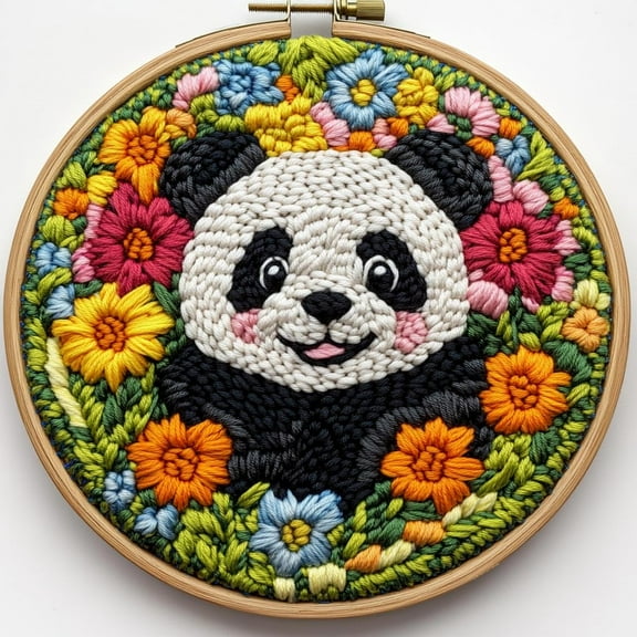 DIY Punch Needle Kits Cute Panda in Flowers Easy for Beginners Punch Needle Embroidery Set with Hoop Stamped Pattern for Craft lovers and Home Decor-1