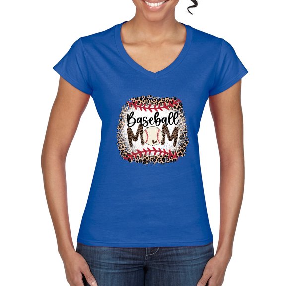 Baseball Mom Jaguar Print Sports Women’s Standard V-Neck Tee, Royal, Small
