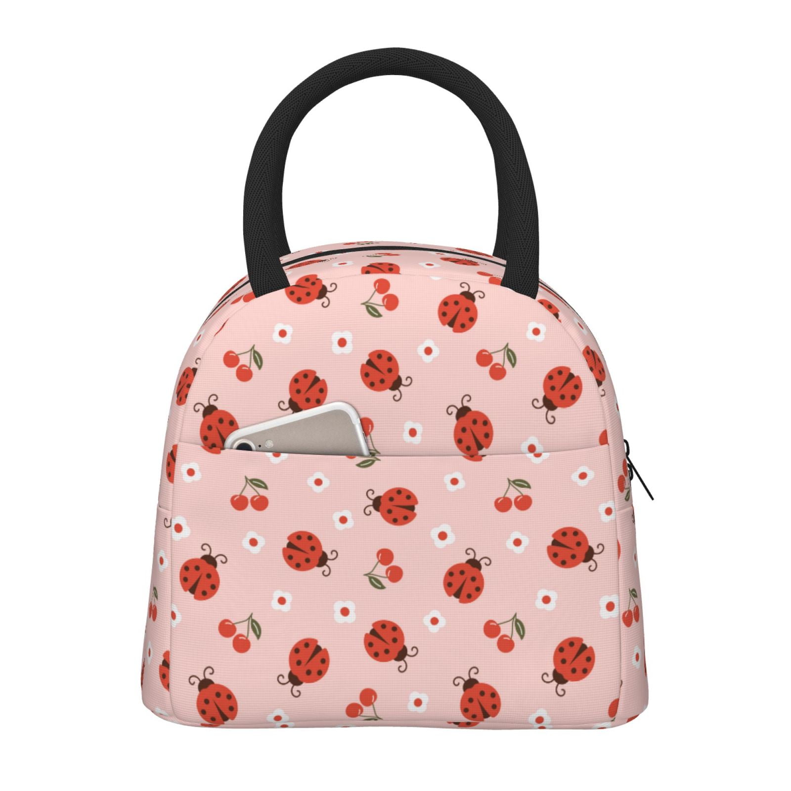 Horeoi Ladybug With Flower Pattern Large Insulated Lunch Bag for Work, School, Picnic - Waterproof, Durable Oxford Cloth, Comfortable Handle-Black