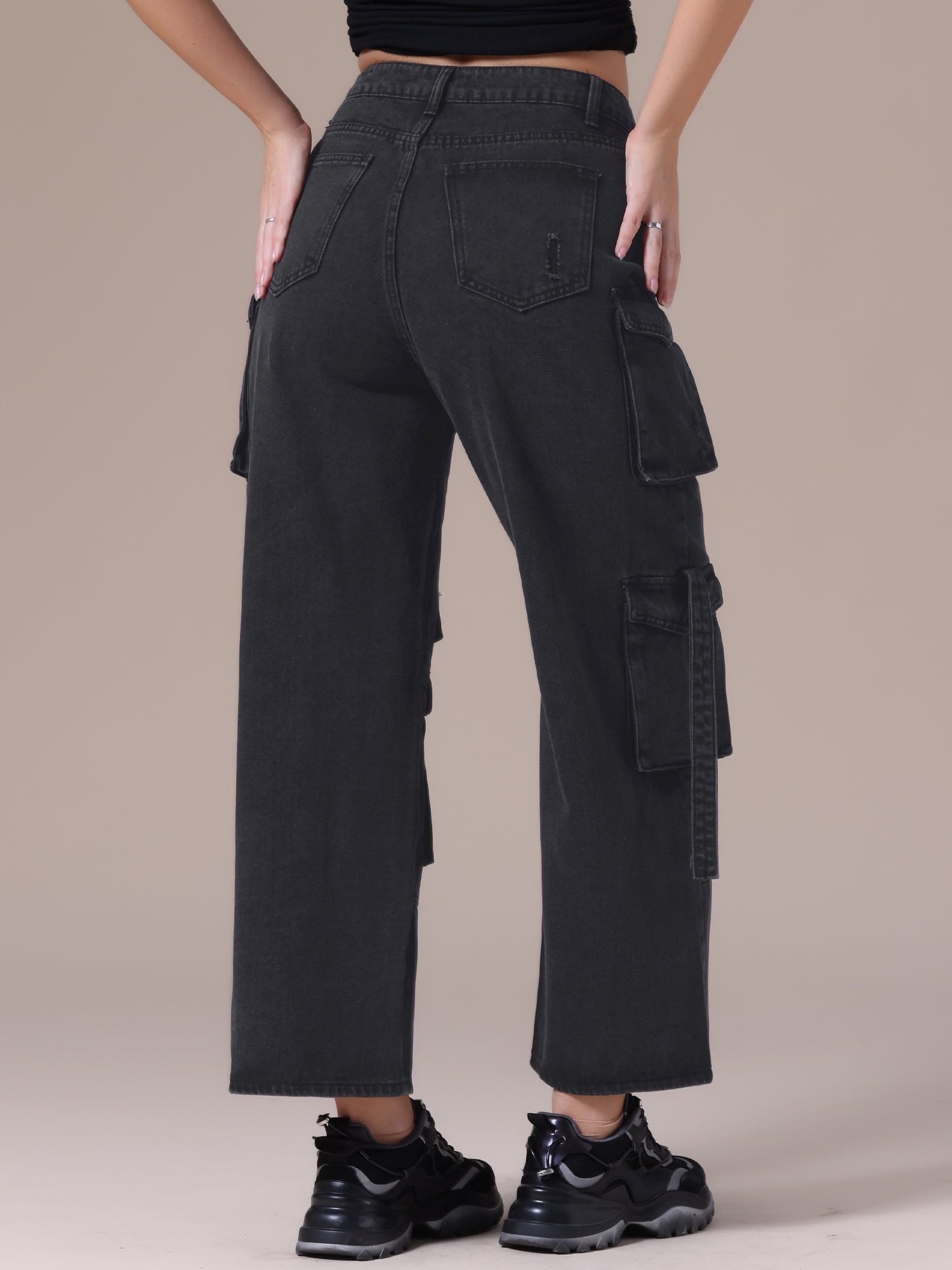 DARING DIVA Women's Cargo Jeans Straight High Waist Baggy Denim Pants XL Black