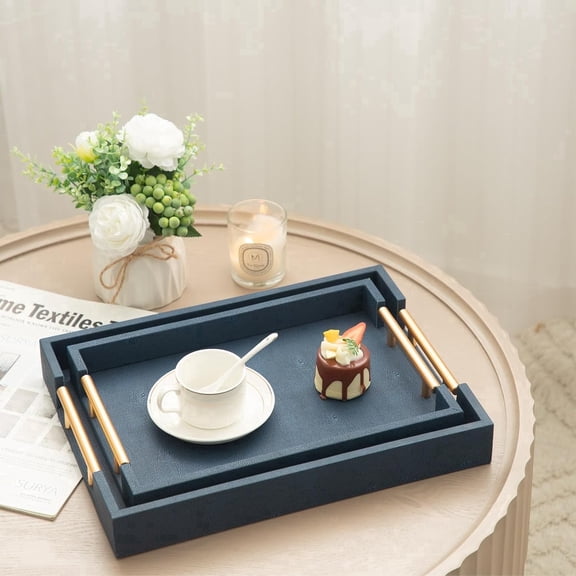 MODE HOME Set of 2 Brown Shagreen Faux Leather Serving Trays, Modern Decorative Rectangle Platter for Drinks and Coffee