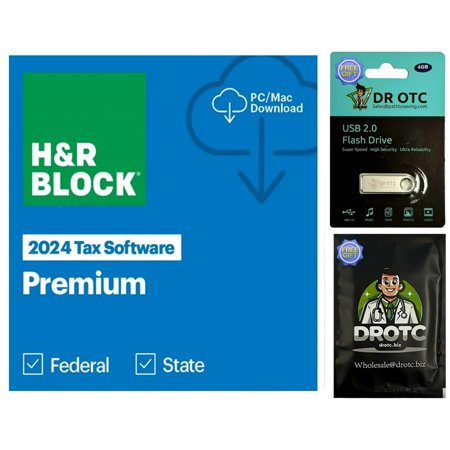 H&R Block - Tax Software 24 Premium Win/Mac WAL ESD - Brand New - BONUS FREE Dr OTC Eyelid Cleansing Wipe + FREE Dr OTC USB Drive 4GB