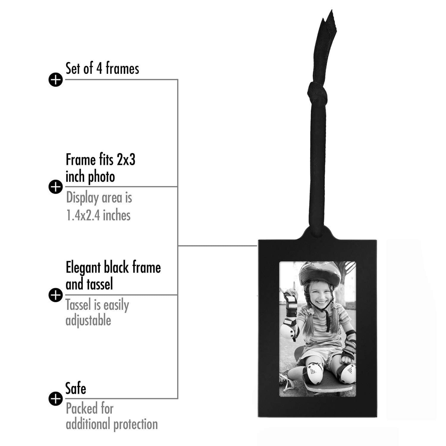 Americanflat 4 Piece 2x3 Hanging Picture Frames in Black with Adjustable Ribbon Tassels - Metal