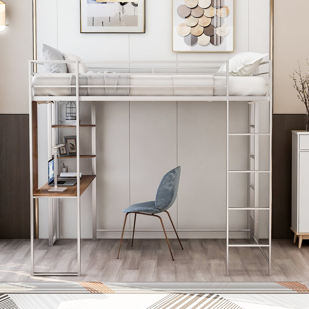 Kepooman Full Size Metal Loft Bed with 2 Shelves and one Desk ,Silver Kepooman Full Size Metal Loft Bed with 2 Shelves and one Desk ,Silver