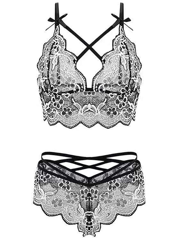 Nananla Womens Sexy Lingerie Thong Briefs Bow Lace Bralette Wire Free Bra  Sets 