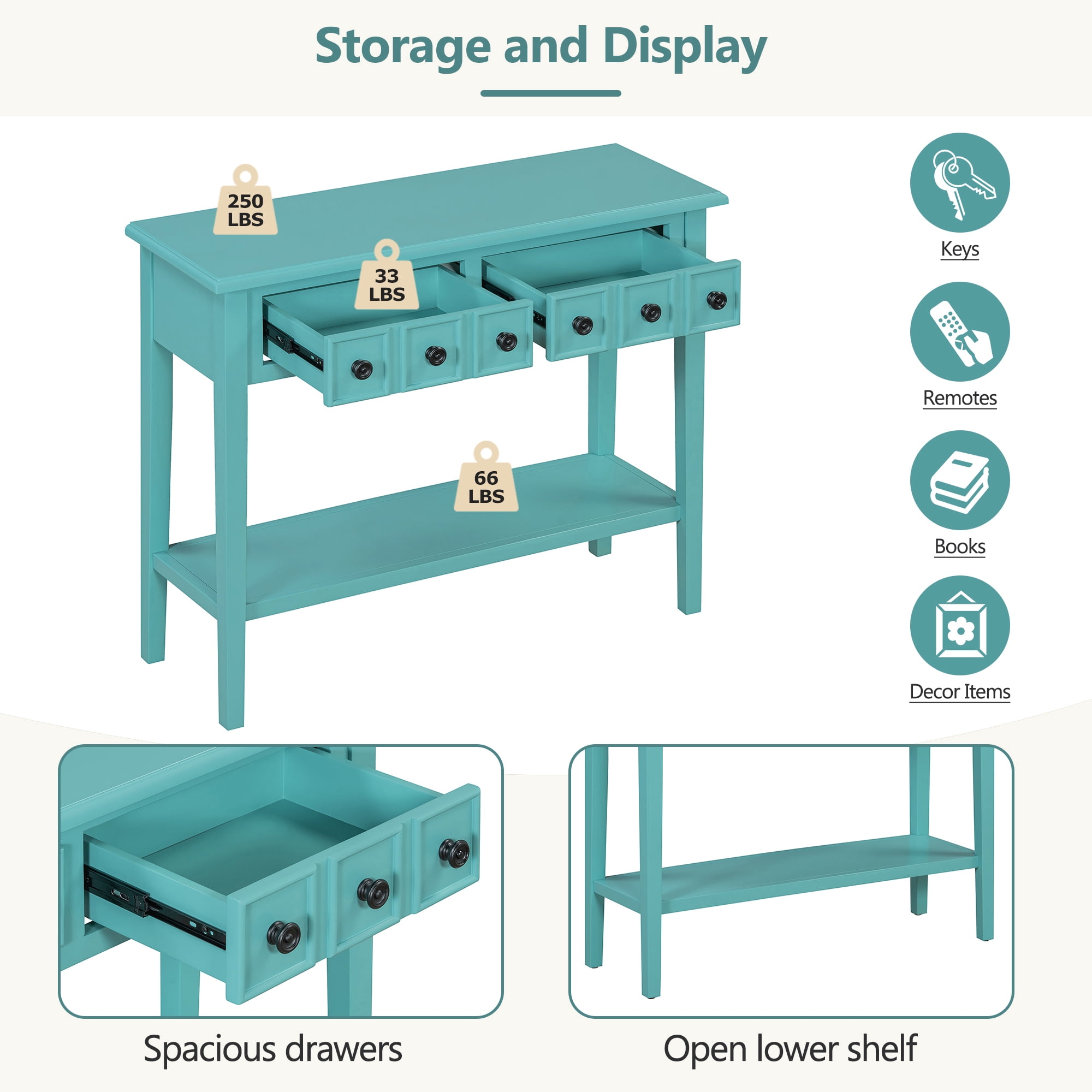 EUROCO 38.2" Console Table,Sofa Table Entryway Table with Rubber Wood Legs,2 Drawers and Open Shelf,Rustic Hallway Accent Table for Living Room, Entrance,Teal