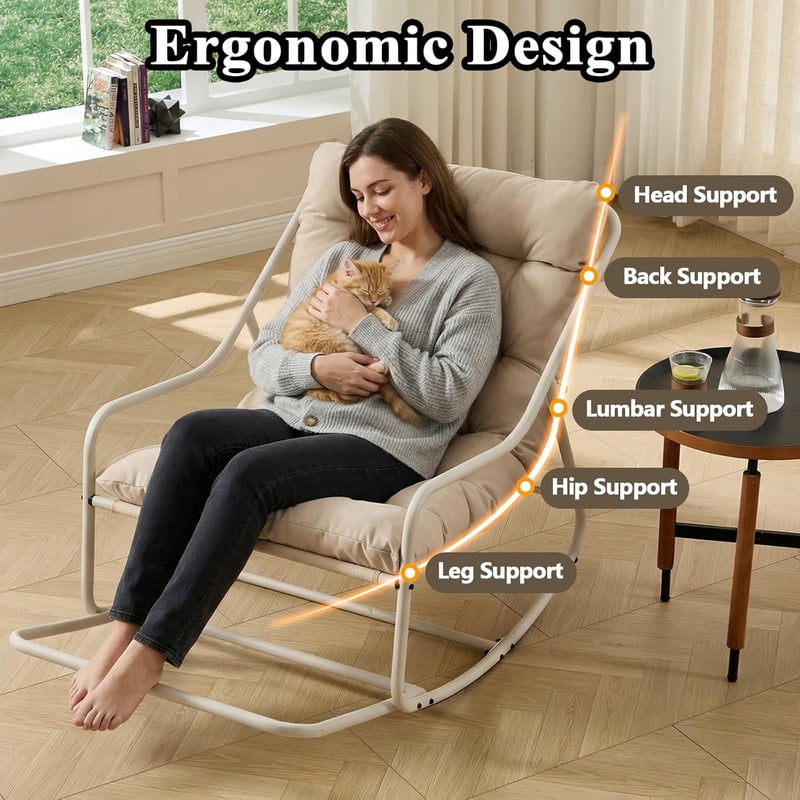 Outdoor Rocking Chair, Papasan Rocking Chair with Metal Frame, Comfy Rocker Lounge Chair for Living Room Porch Patio Garden