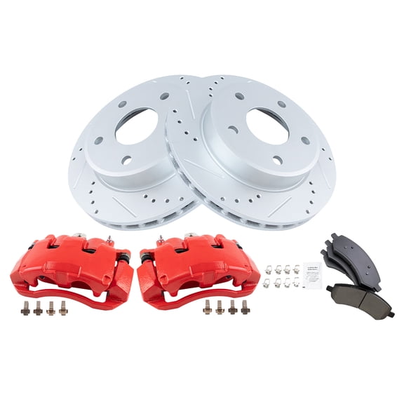 TRQ Front Performance Brake Pad & Rotor Kit Brake Caliper Brake Pads Brake Rotors Set Ceramic Premium G-Coated Red Fits Select 2005-2008 Dodge Dakota 2006-2009 Mitsubishi Raider