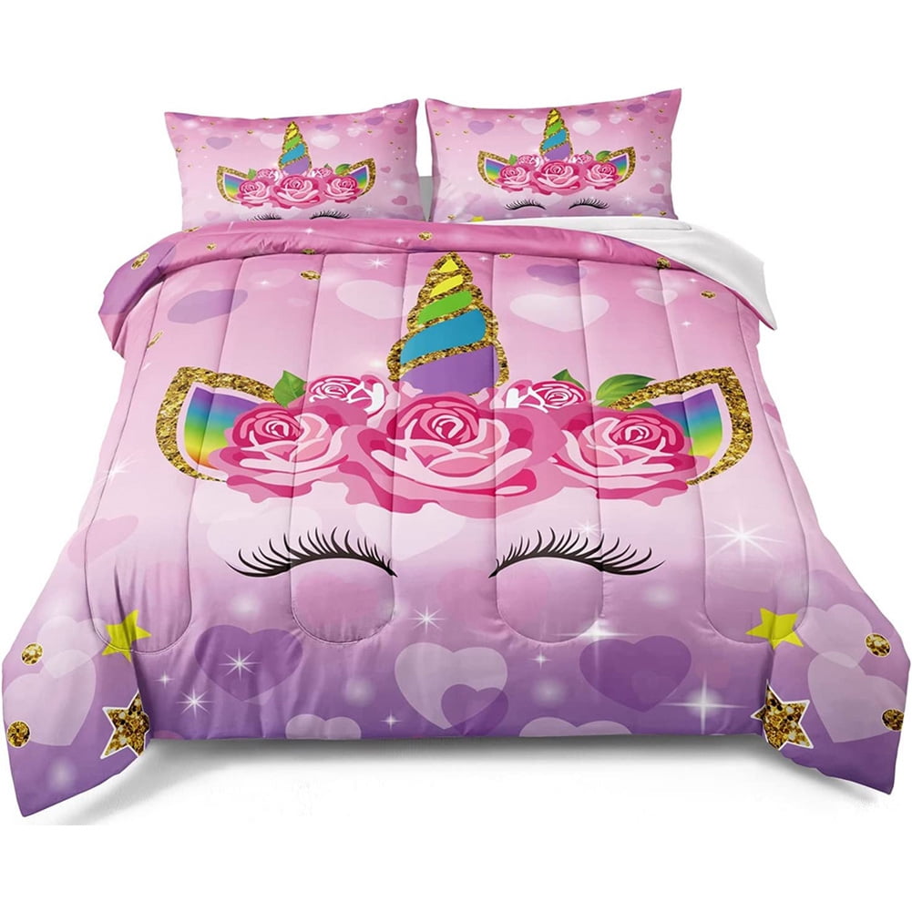 Unicorn Comforter Set Cute Flower Unicorn Kids Bedding Golden Ears