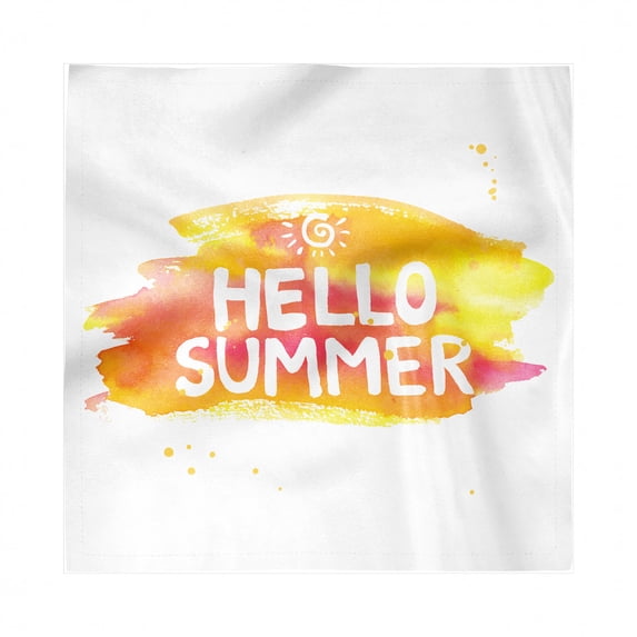 Hello Summer Decorative Napkins Set of 4, Wording with Sun Pattern on Paintbrush Strokes, Silky Satin Fabric for Brunch Dinner Party, 18", Orange Yellow, by Ambesonne