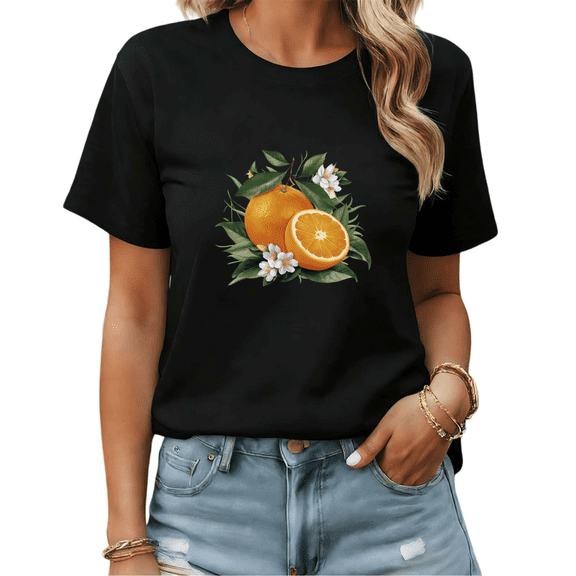 Black Print Tshirt Graphic Tees Vibrant Citrus Orange Design Trendy Shirts S-5XL Tops