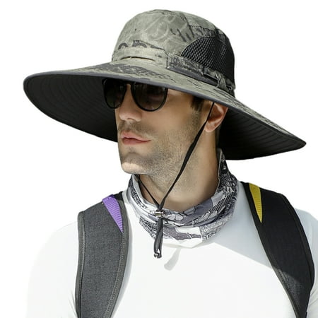 Kitem Men Fisherman Hat Large Brim Hollow Mesh Windproof Chin Strap Camouflage Print Anti UV Sunlight Quick Dry Great Breathability Outdoor Fishing Travel Cap