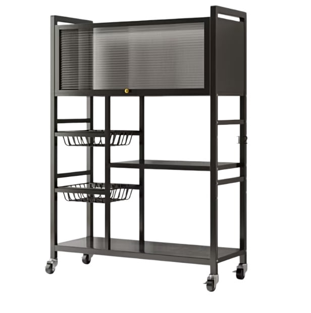 Rolling Kitchen Storage Rack with Acrylic Flip-Top Doors, Kitchen Island with Storage Baskets, Metal Utility Rack Bakers Rack Organizer