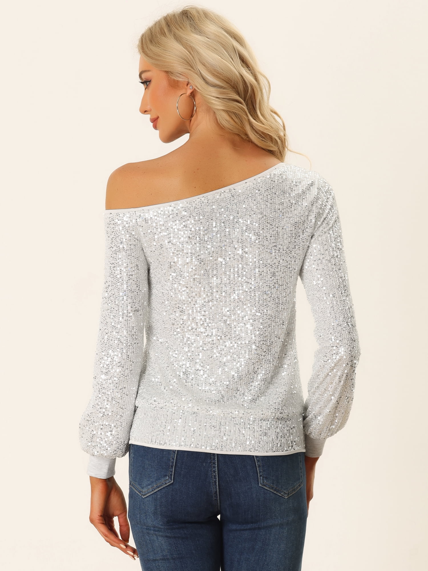 DARING DIVA Women's Sequin Top Off-Shoulder Long Sleeve Tops S Silver