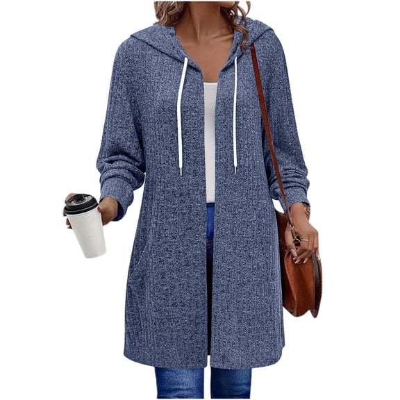 Edvintorg Women Cardigan Loose Casual Long Cardigans Hooded Open Front Long Sleeve Cardigans with Pocket Fall Clothes for Women S-2XL Navy