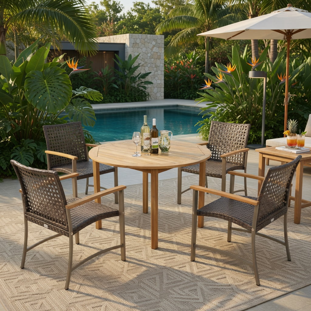 Hommoo Set of 4 Outdoor Rattan Dining Chairs with Acacia Wood Armrests, Weather-Resistant PE Wicker & Powder-Coated Metal Frame for Patio, Backyard, Poolside & Balcony, Brown